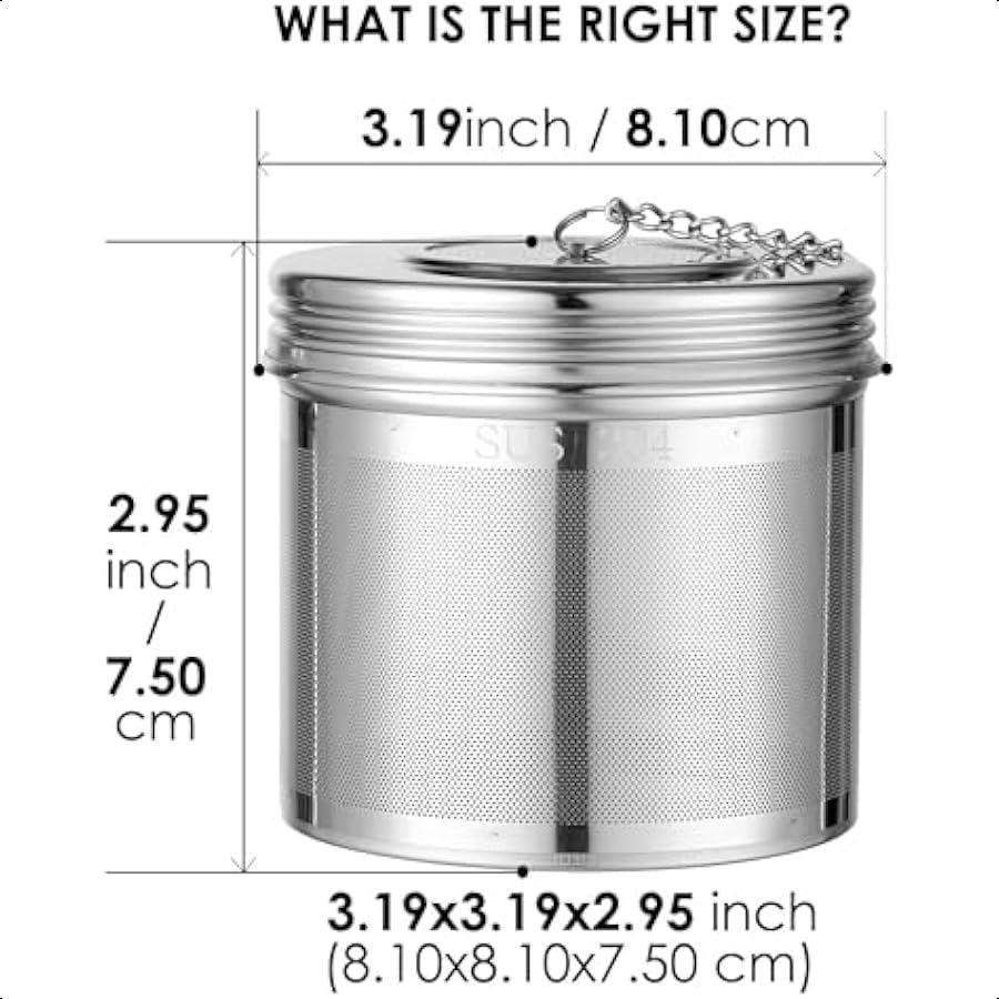 

Очень большой заварник для чая из нержавеющей стали 304 с резьбовой крышкой и крючком-цепочкойИдеально подходит для рассыпного чая, кулинарных трав, холодного чая и United States