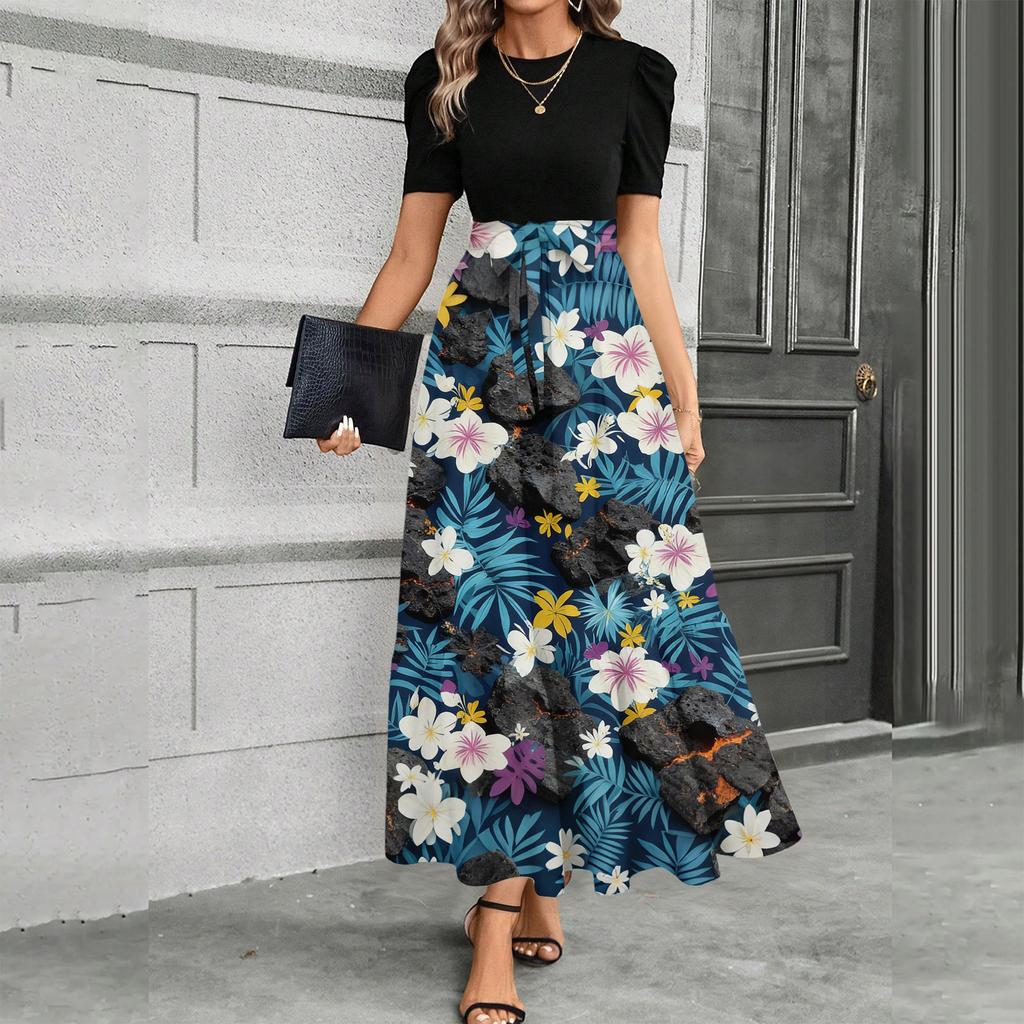 Short Sleeve Women's Dress Casual Flowy A-Line Midi Tshirt Dresses With Pockets Crewneck Vocation Boho Beach Sundress