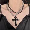 Y2K Gothic Style Black Beaded Cross Necklace & Cool Girl Sweatshirt Accessory