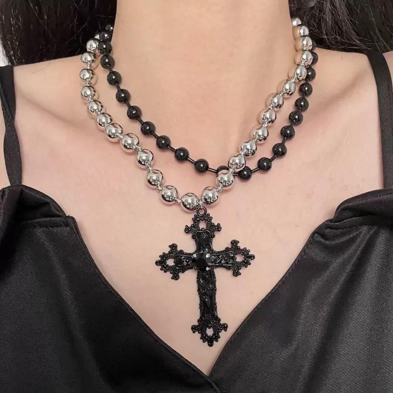 Y2K Gothic Style Black Beaded Cross Necklace & Cool Girl Sweatshirt Accessory