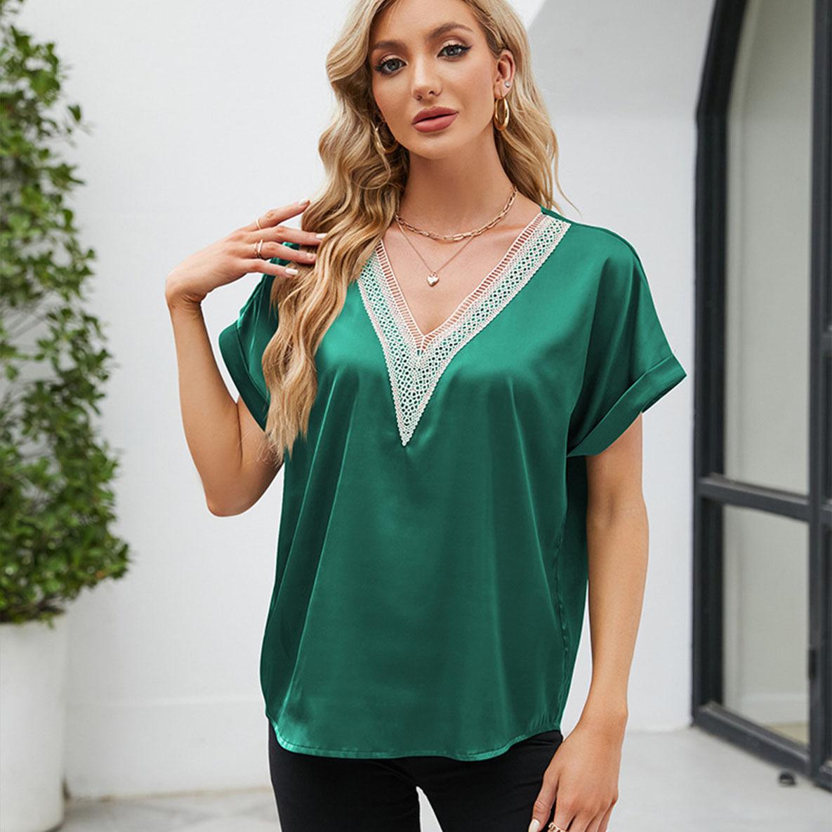 

Летняя кружевная лоскутная атласная блузка с v-образным вырезом, женская зеленая, белая, черная свободная рубашка с короткими рукавами, топ XXL зелёный