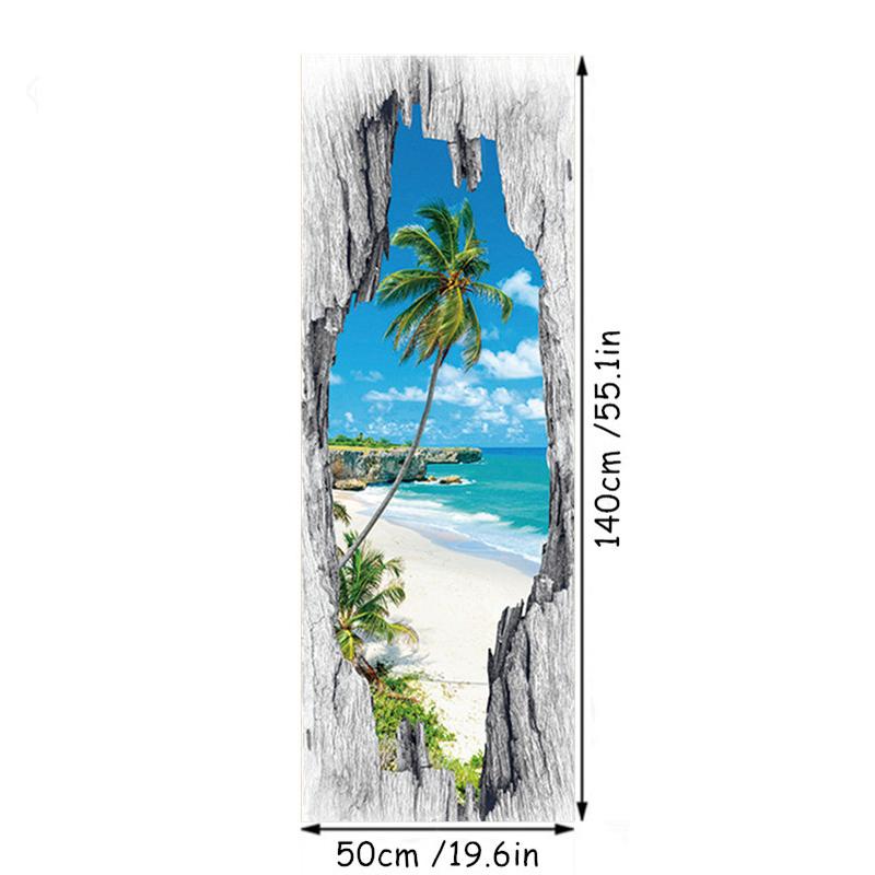 50X140Cm Blauw Zeezicht Deurstickers Strand Palmboom Landschap 3D Vinyl Muurgat Kunst Muurschildering Voor Huisdecoraties Esthetische Kamers (as the picture,50x140cm)