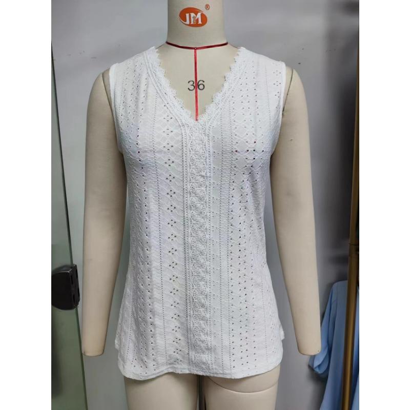 Vestă de primăvară și vară cu decolteu în V și îmbinare cu dantelă, fără mâneci, pentru femei