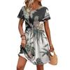 Damen Kurzarm Blumenprint Lässiges Kleid Rundhalsausschnitt Mit Taillengürtel Mit Taschen Leichtes Sommerkleid