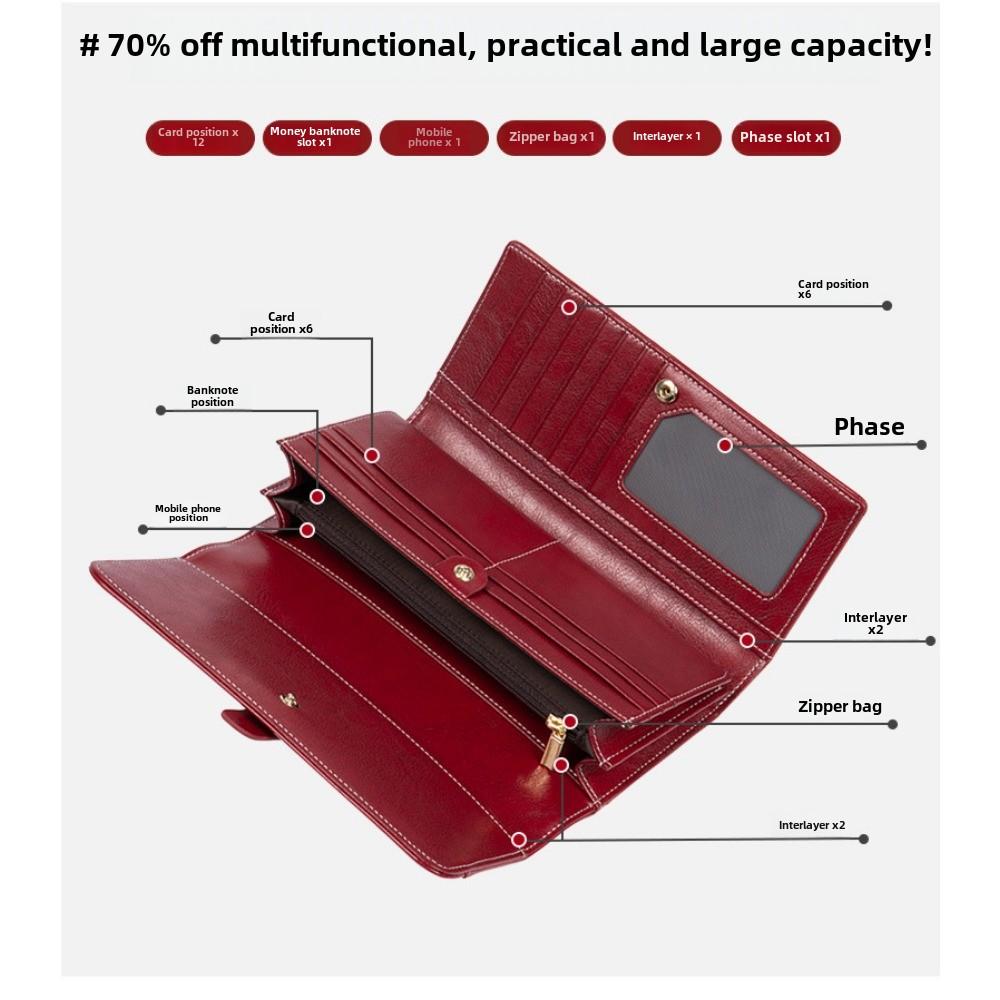 Women's Wallet Genuine Leather Cowhide/oil Wax Leather Large Capacity Multi-card Banknote Coin Pocket Fashionable and Versatile
