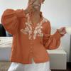 Women's Fashionable V-neck Solid Color Embroidered Single Breasted Long Sleeved Shirt Top