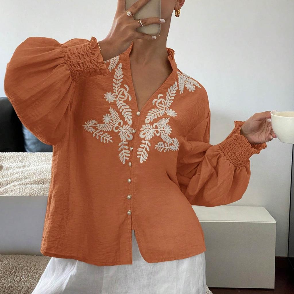 Women's Fashionable V-neck Solid Color Embroidered Single Breasted Long Sleeved Shirt Top