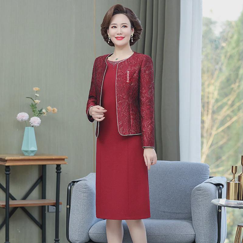 2023 Set rochie roșie din două piese pentru femei de vârstă mijlocie și în vârstă: Fusta la modă până la genunchi pentru nunți și banchete