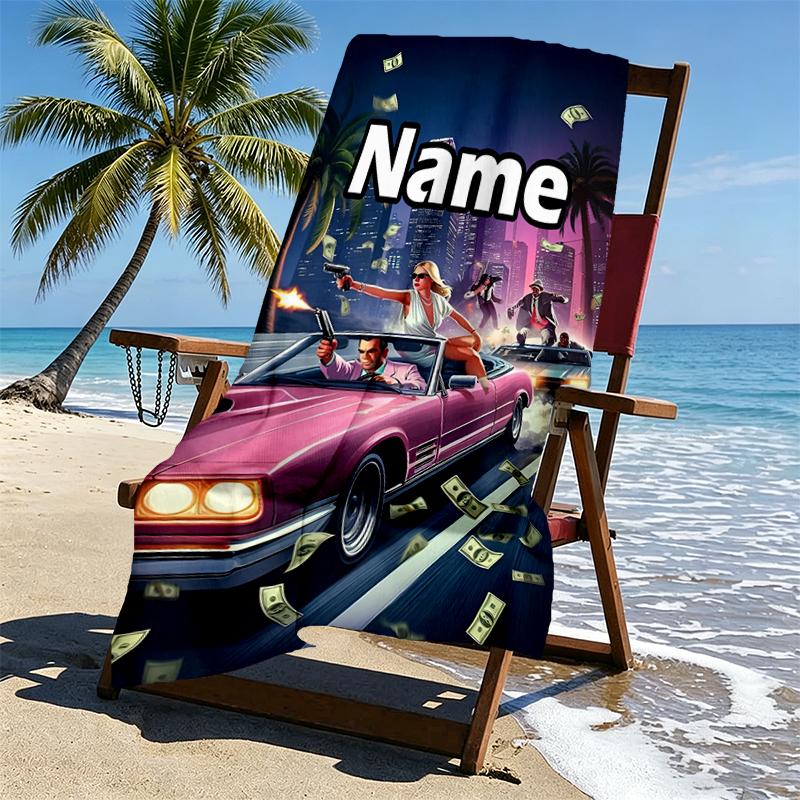 Custom Name Personalized Grand Theft Auto VI Print Beach Towel, for Trip Camping Beach Party Home Decor, Birthday Gift for Family & Friends