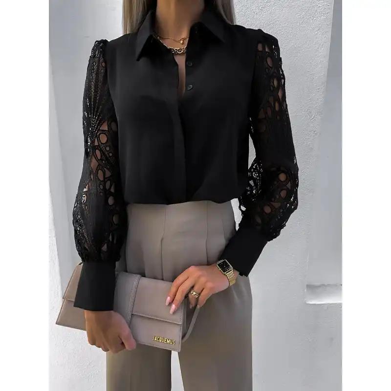 Women Black Lace Patchwork Shirt Long Sleeve Lapel Button Down Elegant Casual Office Commute Blouse Top