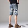 Classic Style Denim Short Pants Ripped Patched Five-point Pants Slim Mid-trousers Summer Thin Breeches 5-point
