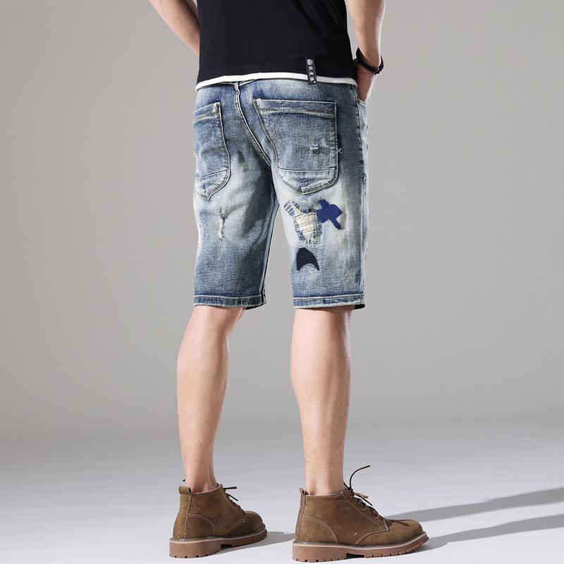 Classic Style Denim Short Pants Ripped Patched Five-point Pants Slim Mid-trousers Summer Thin Breeches 5-point