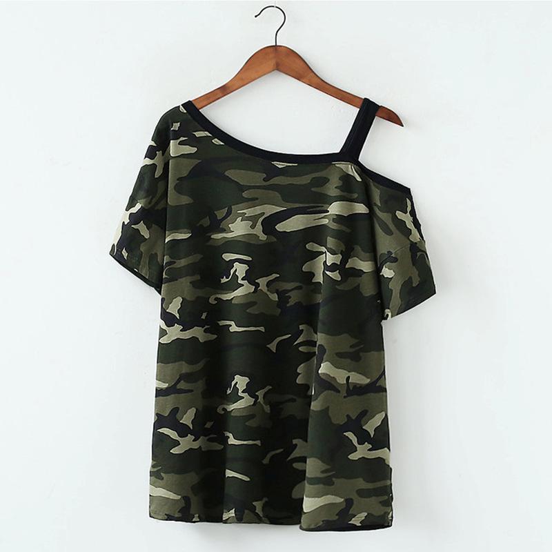 

2024 Летняя женская камуфляжная футболка на одно плечо Slim Fit Loose с коротким рукавом 2XL армия зеленый