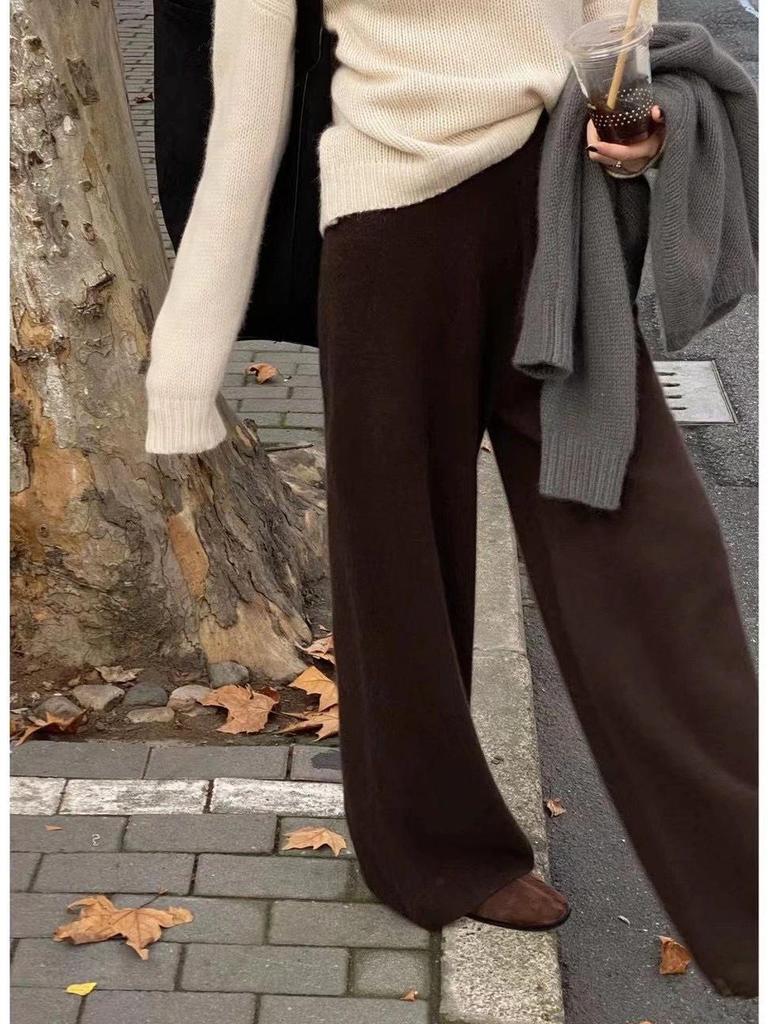 Women's Australian Wool Wide-Leg Trousers - Thick, Floor-Length, Cashmere Knit for Autumn/Winter