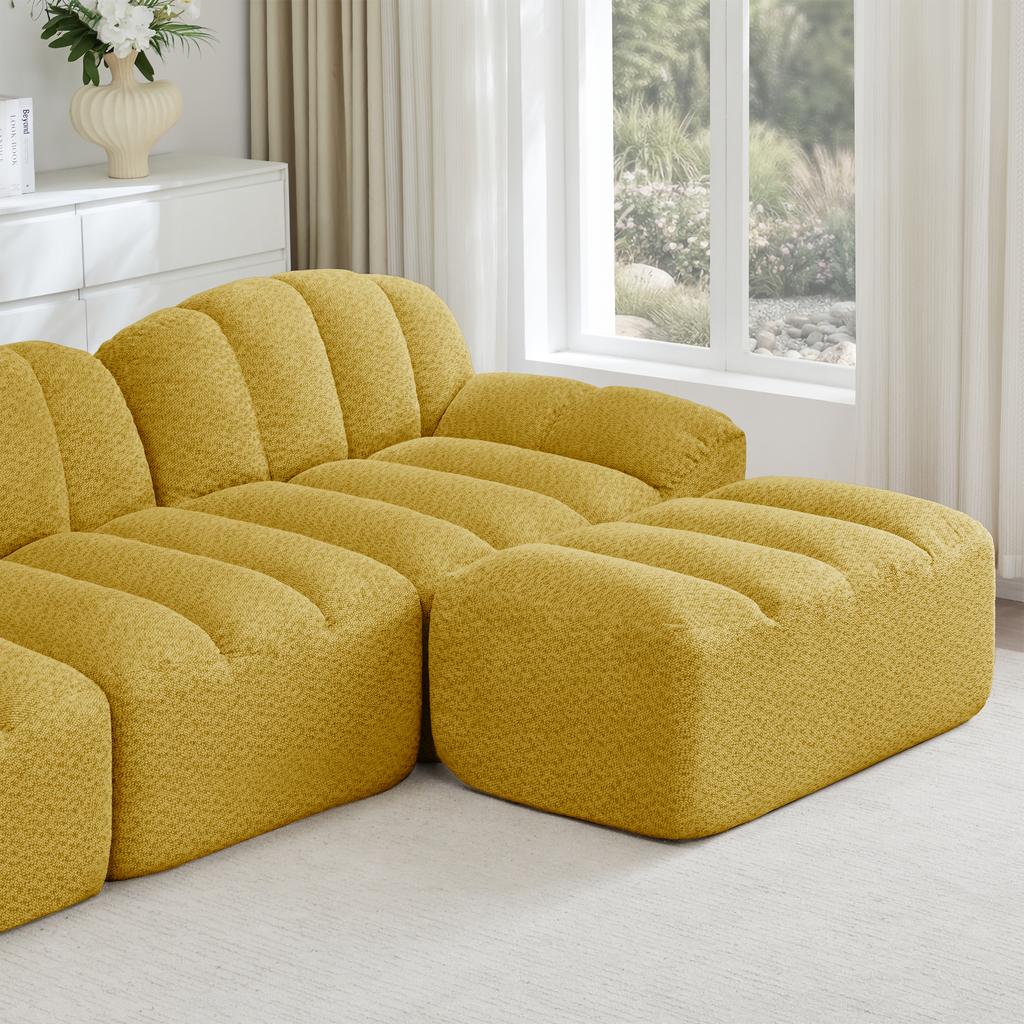 2-Seater L-Shaped Modular Boneless Sofa, Shell Shape, Deep Seat Cushions with 1 Ottoman, Sofa for Living Room, No Assembly Required, Yellow
