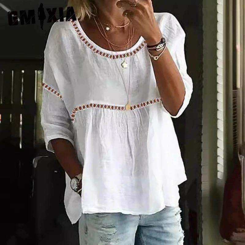 

GMXIA Женские модные повседневные однотонные блузки и рубашки с короткими рукавами и круглым вырезом с принтом XXL белый