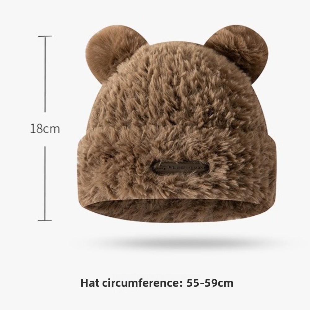 Beanie Hat Cute Plush Bear Knitted Hat Solid Color Casual Ear Protection Cap Winter Warm Coldproof Women Hats Sweet Popular Hat