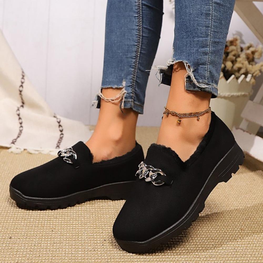 Chain Decor Thick Plush Flats Shoes for Women Winter Comfort Warm Casual Shoes Woman Solid Color Soft Sole Slip On Loafers