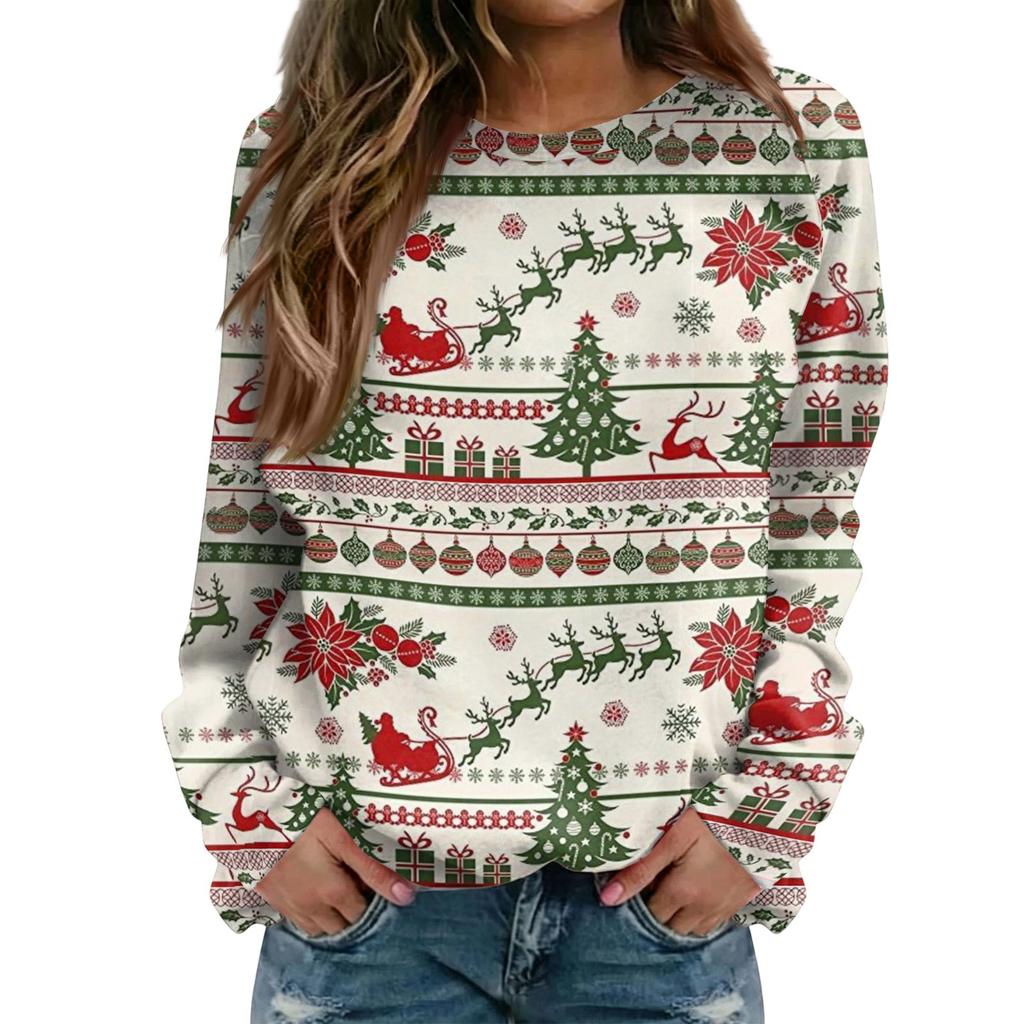 Women's Casual Neck Long Sleeve Raglan Christmas Print Pullover Sweatshirt