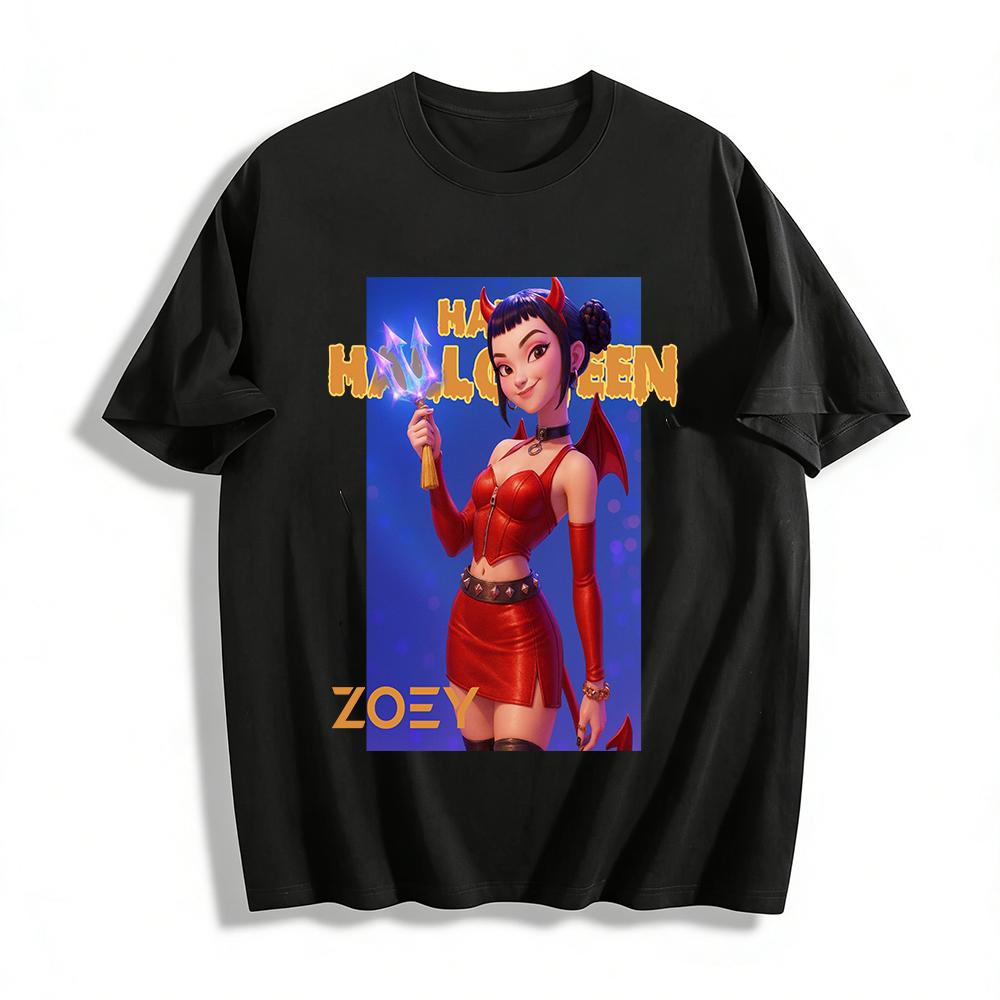 

Halloween Cute Little Devil Zoey Printed Top Festival Themed Casual Personality Versatile Top Pure cotton T-shirt XXS