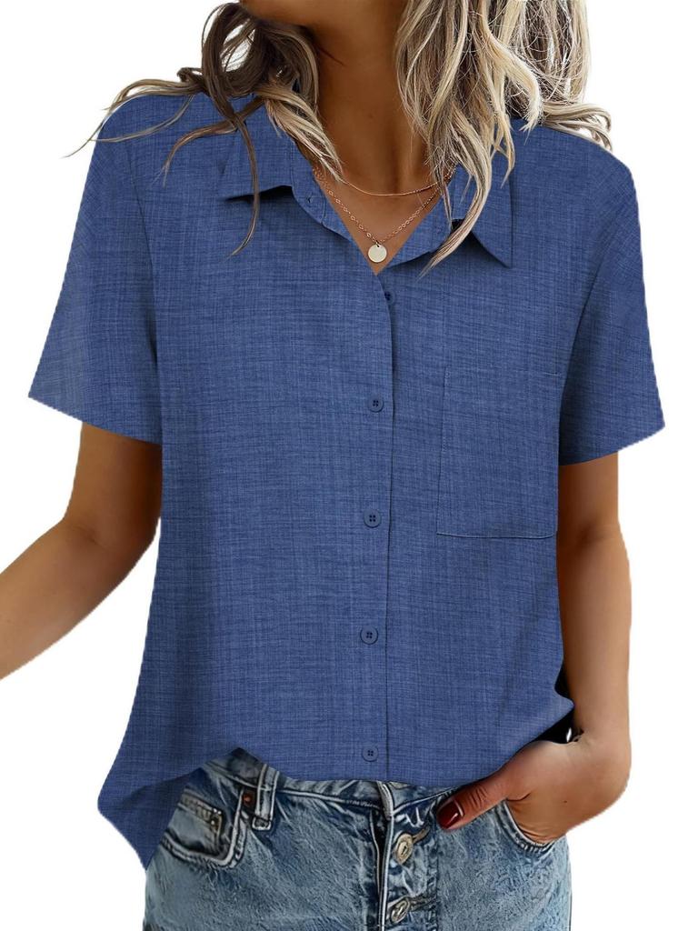 Chemise Boutonnée Manches Courtes Couleur Unie pour Femme - Haut Business Casual/Formel pour le Travail, Collection Printemps/Été 2026