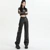 Women's High Waist Black PU Leather Pants - Autumn Korean Style, Slimming, Wrinkled Design, Casual Long Fit.