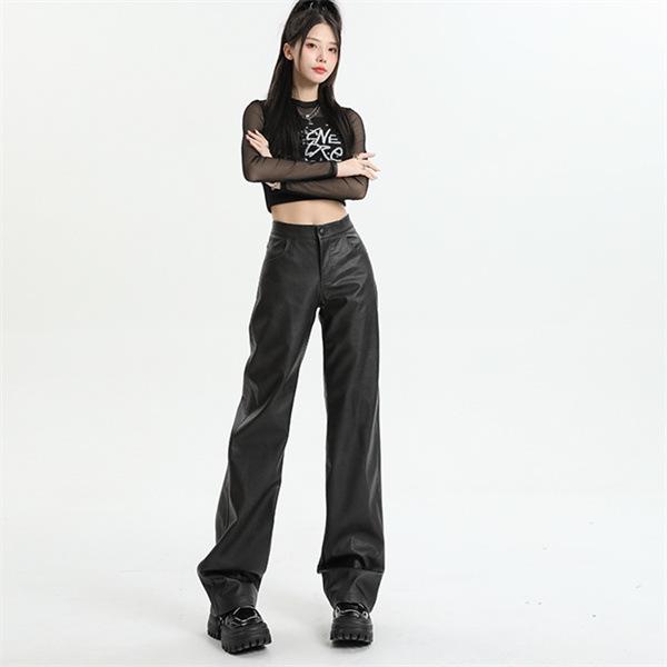 Women's High Waist Black PU Leather Pants - Autumn Korean Style, Slimming, Wrinkled Design, Casual Long Fit.