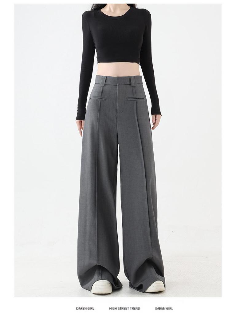 2025 High Waist Slim Straight Women's Floor-Length Drape Pants - Spring & Autumn Wide-Leg Suit Style.