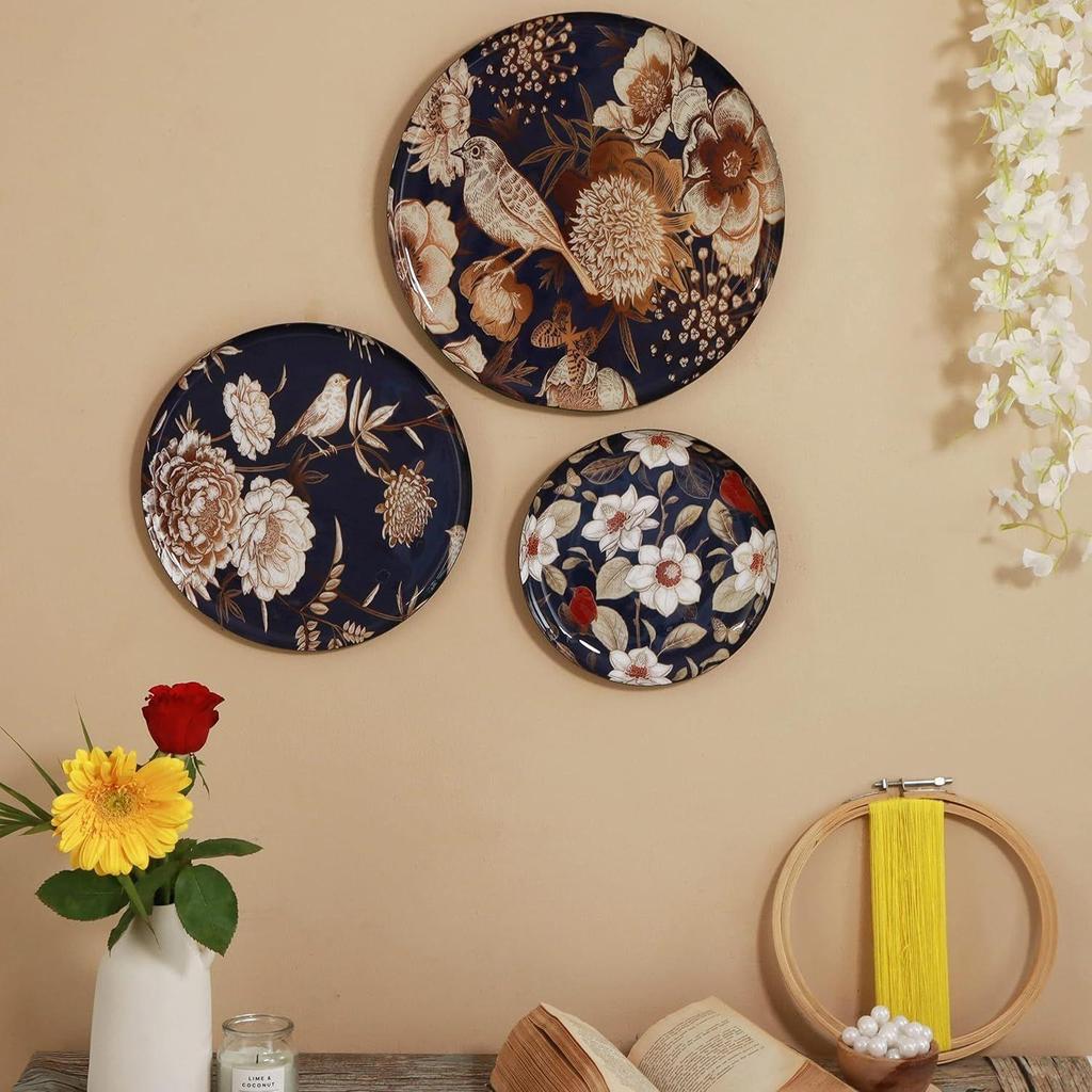 Oriental Bloom Wall Plate for Home Decoration | Wall Decor item for living room | Metal Wall Decor Set of 3