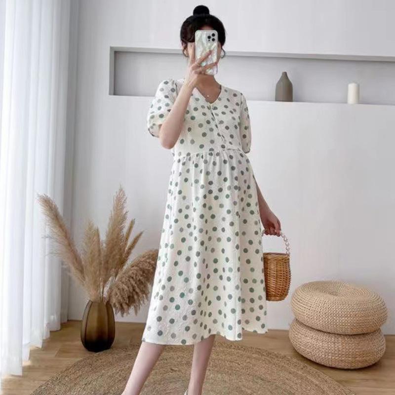 Maternity Dress Buckle Nursing Dress Summer Dress Fashion New Polka Dot Medium and Long Skirt