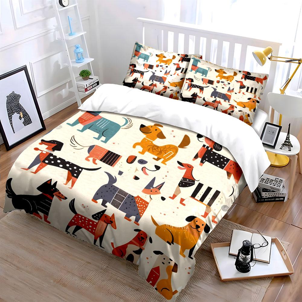 "Cartoon Dog Print Decor Set" Bedding Set with 1 Duvet Cover 2 Pillowcases Single Double King Queen Gift