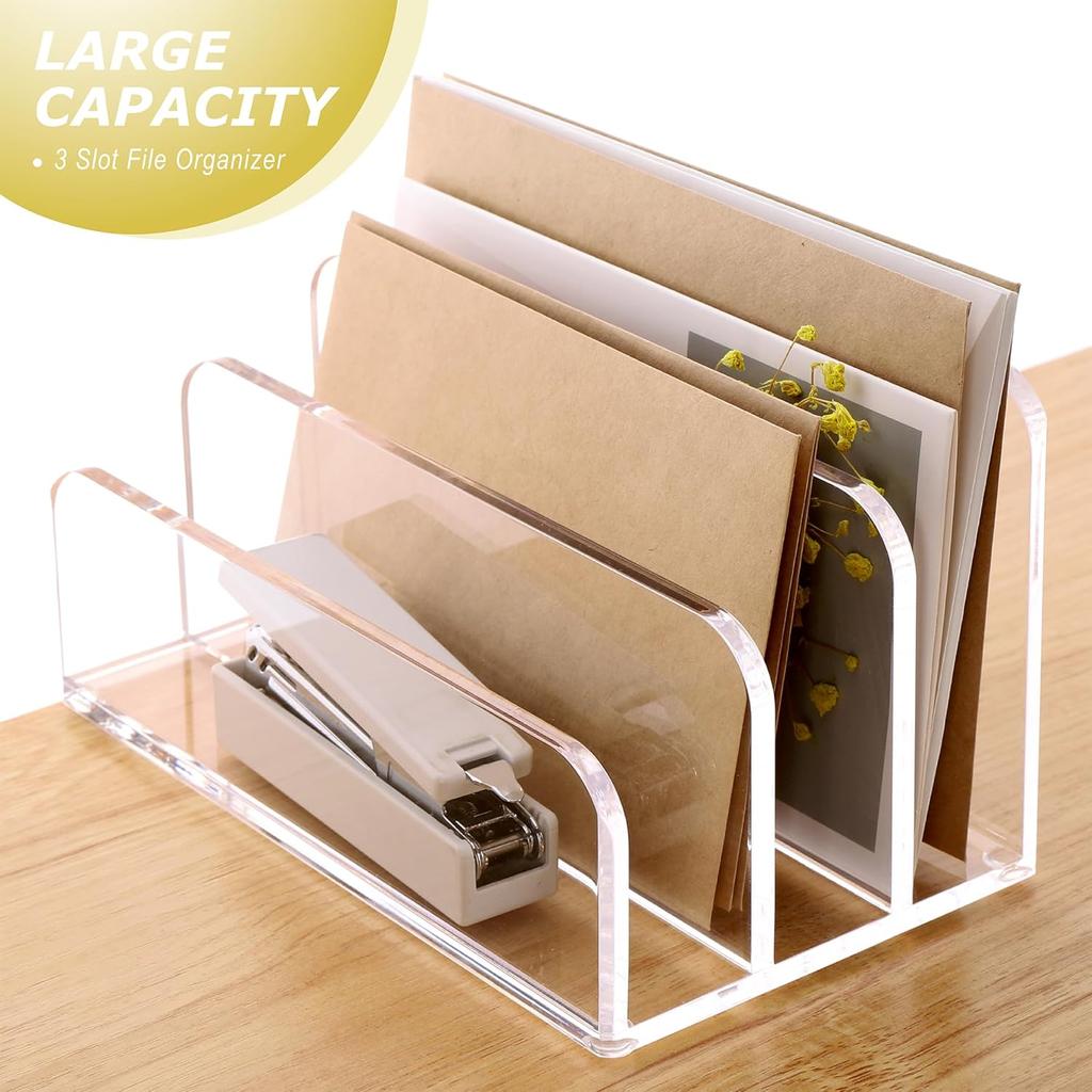 SANRUI Acrylic Mail File Organizer Sorters for Desk, 3 Upright Compartments Laddered Clear Desktop Vertical Letter Holder, Multifunction Envelope