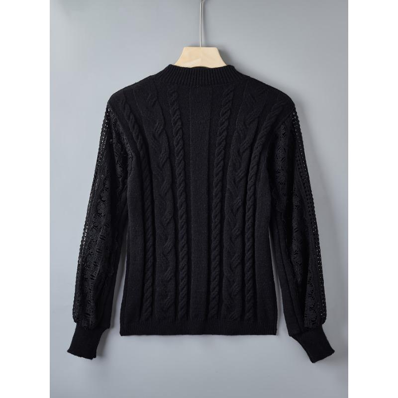 Women'S Elegant Sweater with Lace Detail - Mandarin Collar, Geometric Pattern, Fall/Winter StyleSweater Top