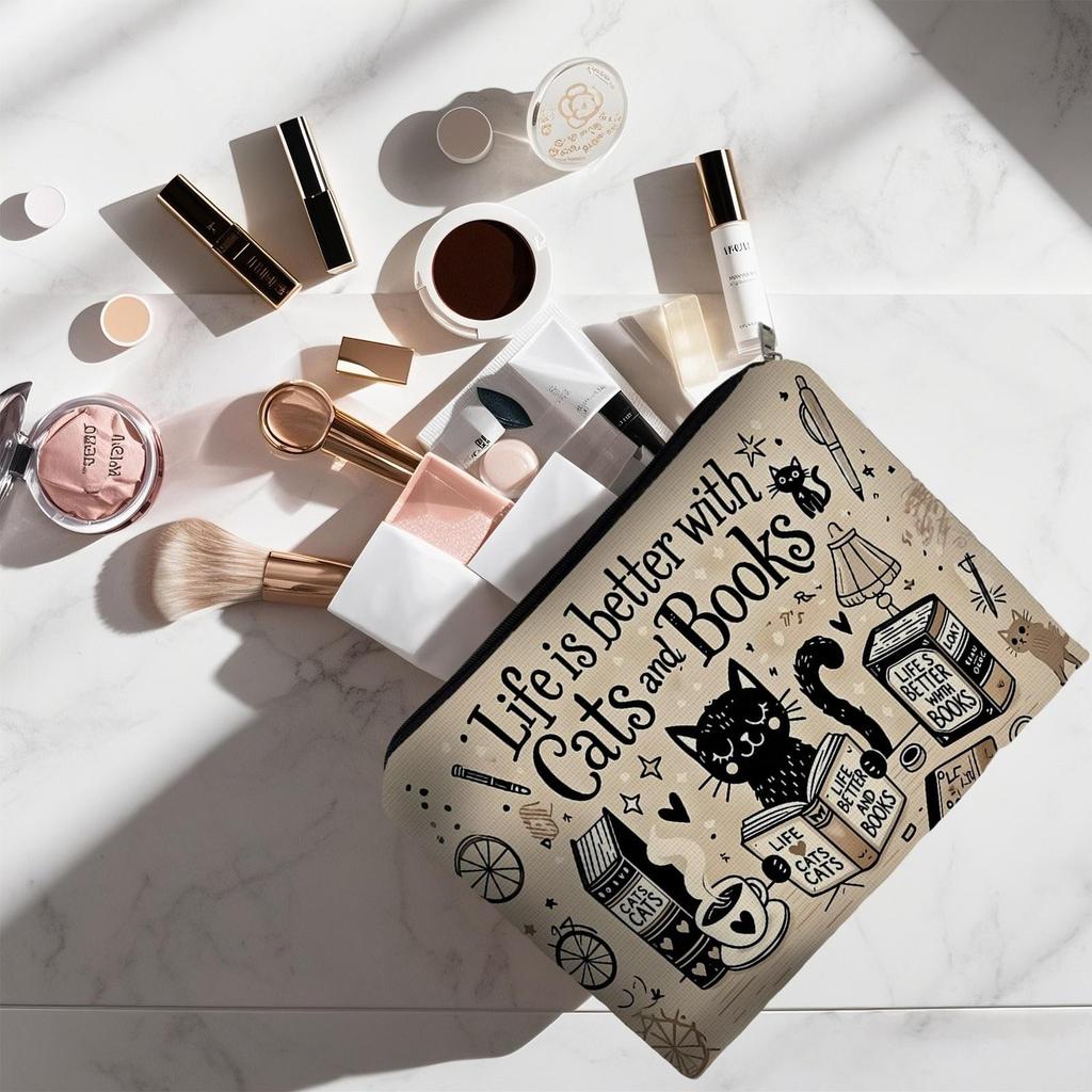 Double-Sided Cosmetic Storage Pouch with Cat Book Art Design, Multi-Purpose Daily Toiletry Bag, Fashionable Portable Accessory