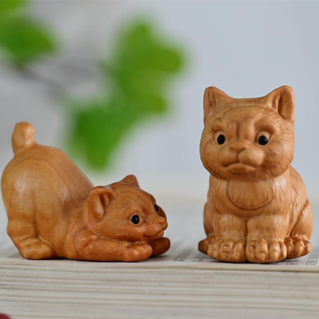 Miniature Wooden Carved Lying/Sitting Cat Ornaments Creative Tabletop Cute Animals Figurine Kids Gift Decoration home