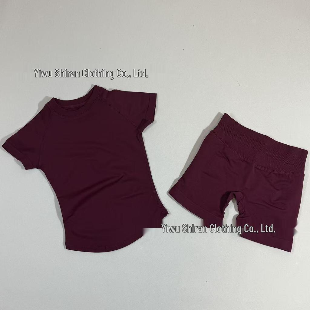 Damen nahtloses kurzärmeliges Sportset mit hoher Elastizität und atmungsaktivem schweißableitendem T-Shirt