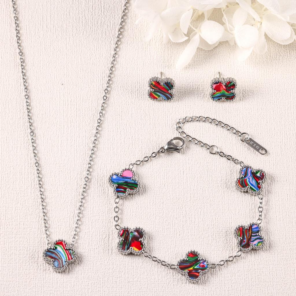 Conjunto de Brincos, Pulseira e Colar de Trevo 3 Peças Acessórios de Moda Coloridos de Luxo Leve