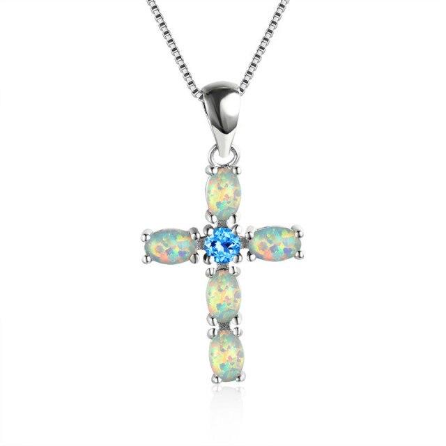 White Green Orange Opal Cross Pendant Birthstone Necklaces For Women Vintage Fashion 925 Silver Chain Red Blue Zircon Necklace