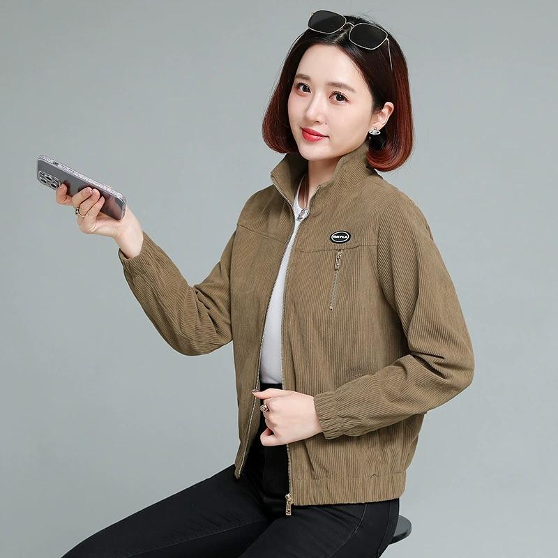 Jachetă Scurtă pentru Femei, Guler Înalt, Catifea Cord, Jachete de Primăvară și Toamnă, Haine pentru Femei de Vârstă Mijlocie