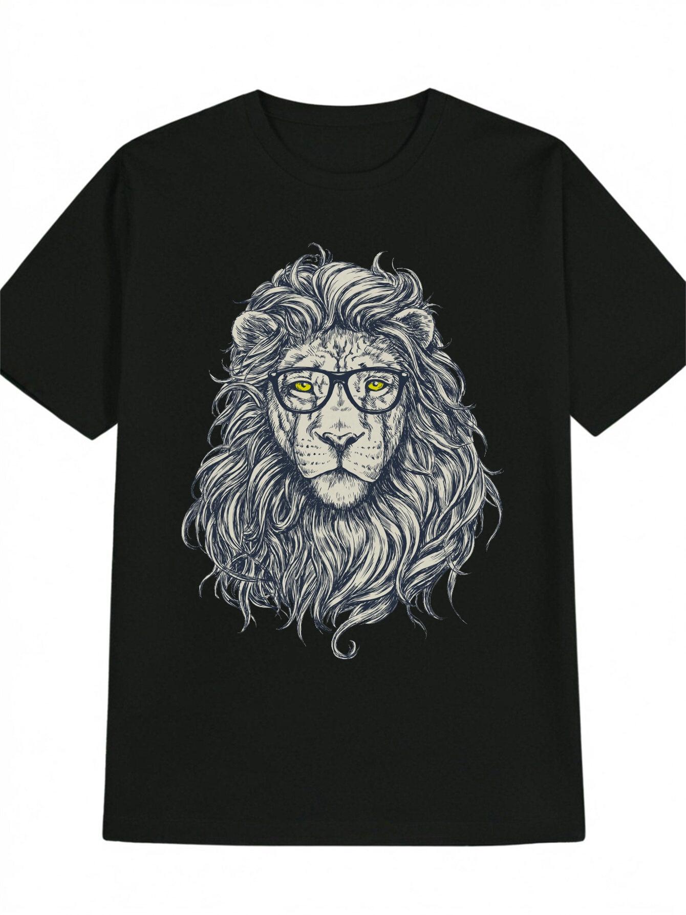 Graphic T-shirt - Bold Lion Head with Glasses - Black Shirt S