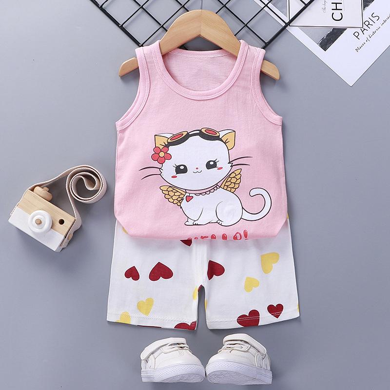 Summer Kids Non Sleeve O Neck Vest Pants Set Casual Baggy 2pcs Suit Cotton Cartoon Printes Outfit