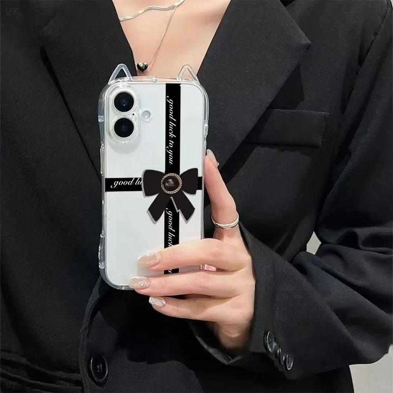 Light Luxury Black Bow for iPhone17 Cat Ears Mobile Phone Case Apple 16/15 Transparent Air Personality 14 Soft