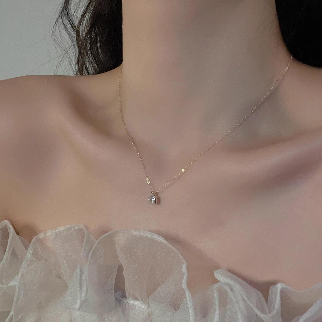 French Style White Perfume Bottle Necklace for Women - Shiny Square Diamond Pendant Clavicle Chain, Lightweight Luxury 2024.