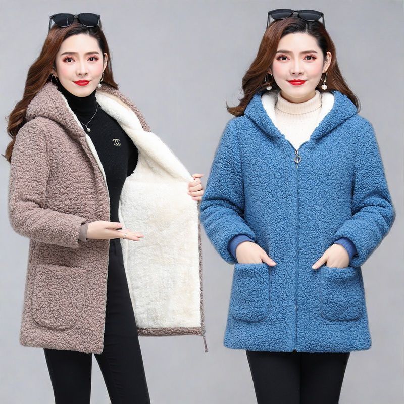 Winter Coat Hooded Middle-Aged Women's Clothing Velvet Thick Polar Fleece Woolen Jacket Cotton-Padded Jacket Women Elegant