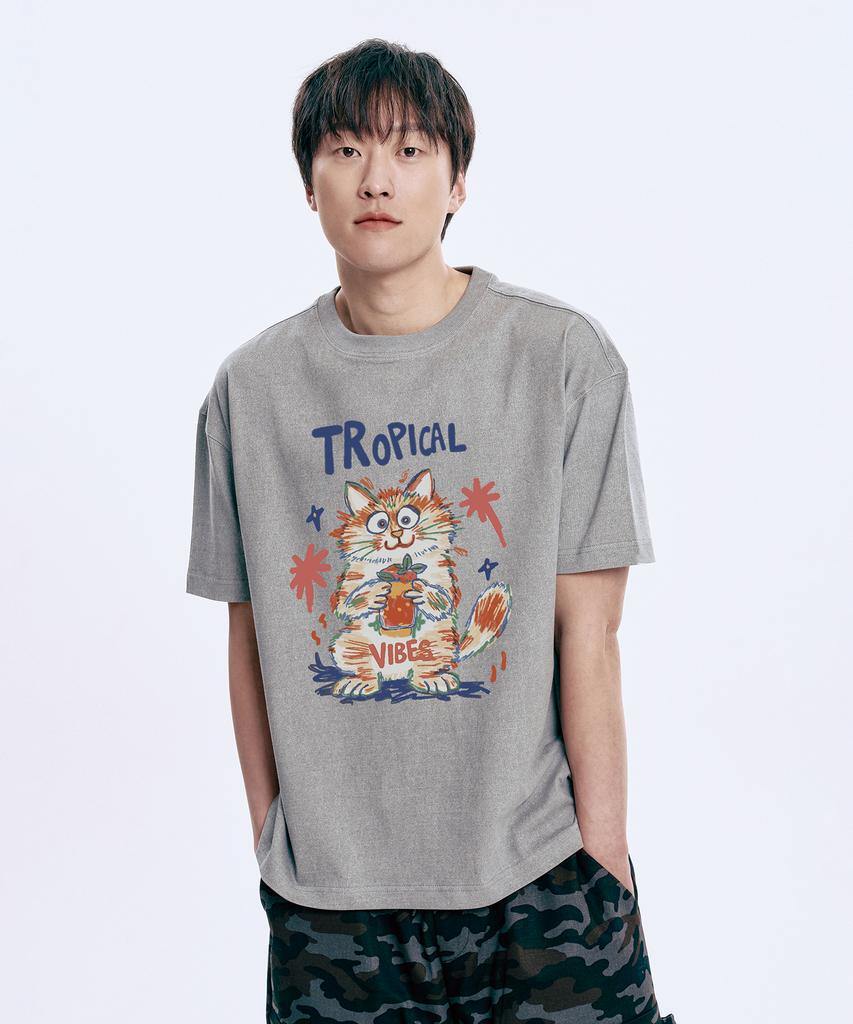 WILDROCK Hollysheesh Tropical Cat Pigment Oversized Short Sleeve T-Shirt_6 Colors (Cropped) (Type A)