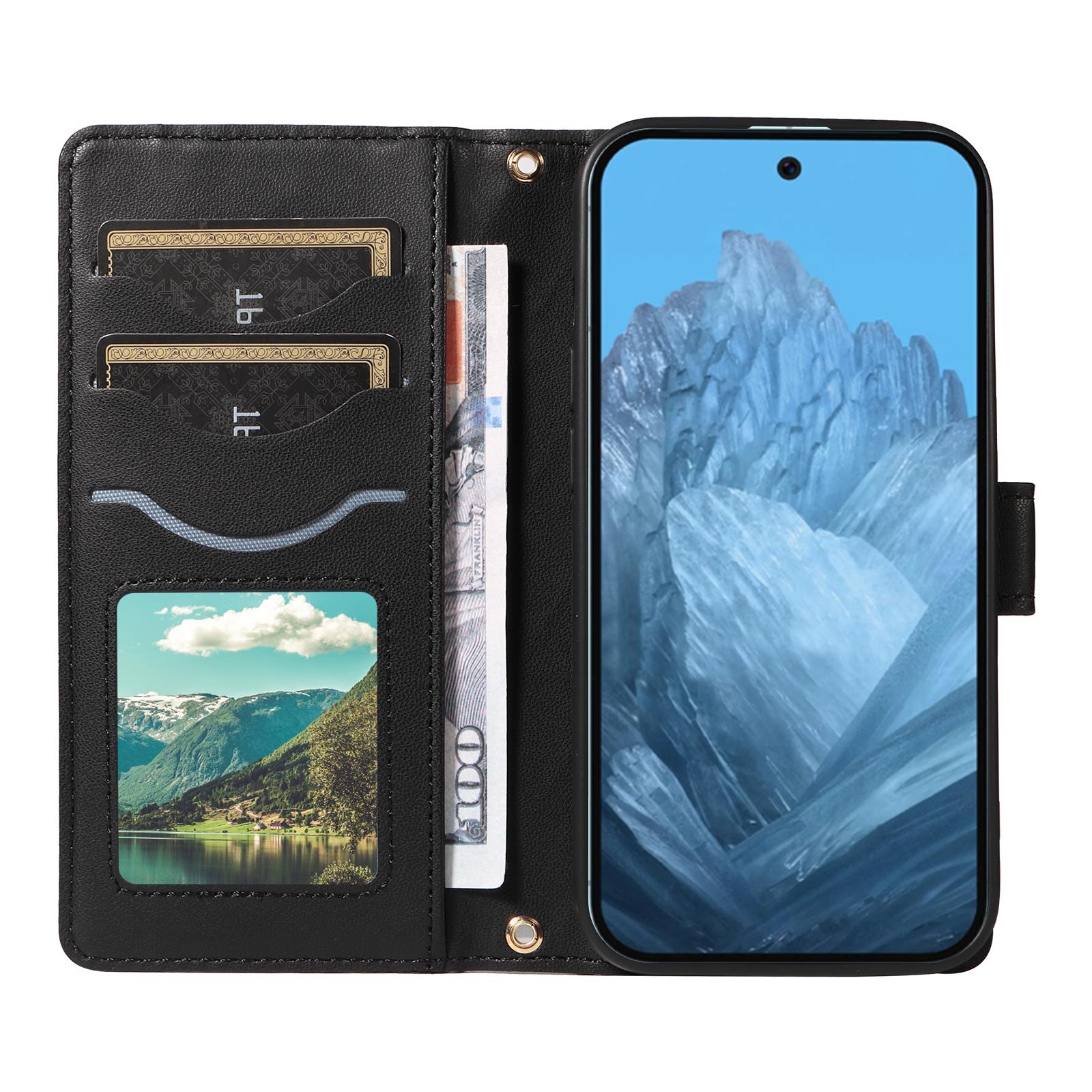 

For Google Pixel 10 Pro/10/9 Pro/9 Case Wallet Rhombus Leather Phone Cover with Shoulder Strap,Wrist Strap Black