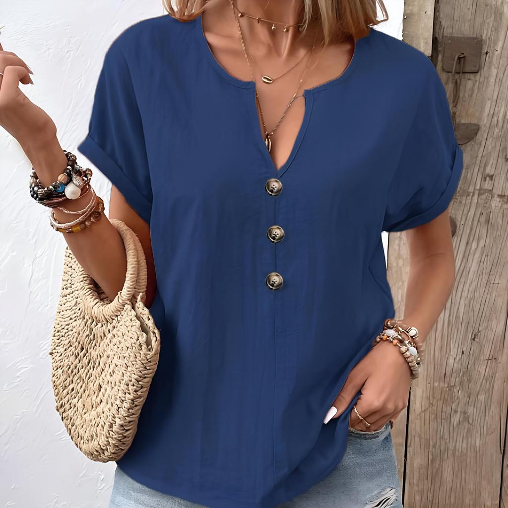 Summer Women's Shirt Casual V-Neck Button Short Sleeve Solid Color Shirt