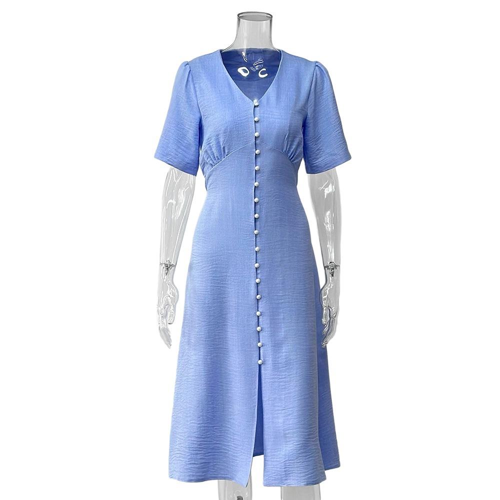 Early spring new French casual temperament dress breasted design slim banquet dress tea break skirt girl S синий