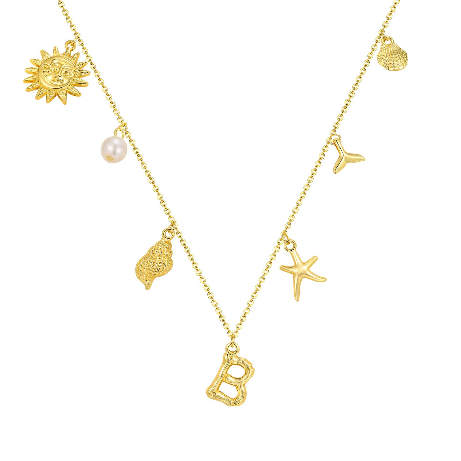 Initial Charms Necklace for Women, Boho Seashell Starfish Beach Letter A-Z Pendant, Summer Beach Vacation Jewelry