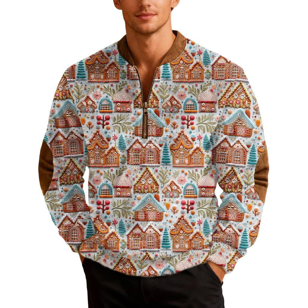 Mens Christmas Zip Up Sweatshirts Xmas Stand Collar Pullover Tops